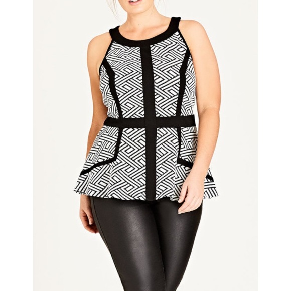 City Chic Tops - Black Geo Splice Peplum Top